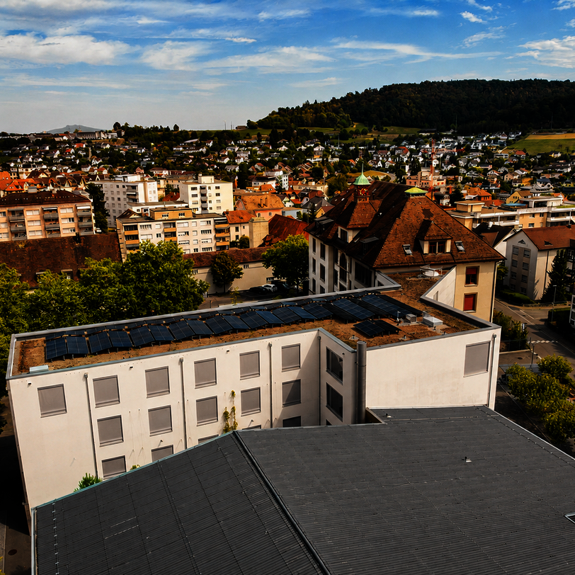 Photovoltaikanlage auf dem begrünten Flachdach des Schulhauses Kirchacker in Neuhausen am Rheinfall mit Blick über die Gemeinde.